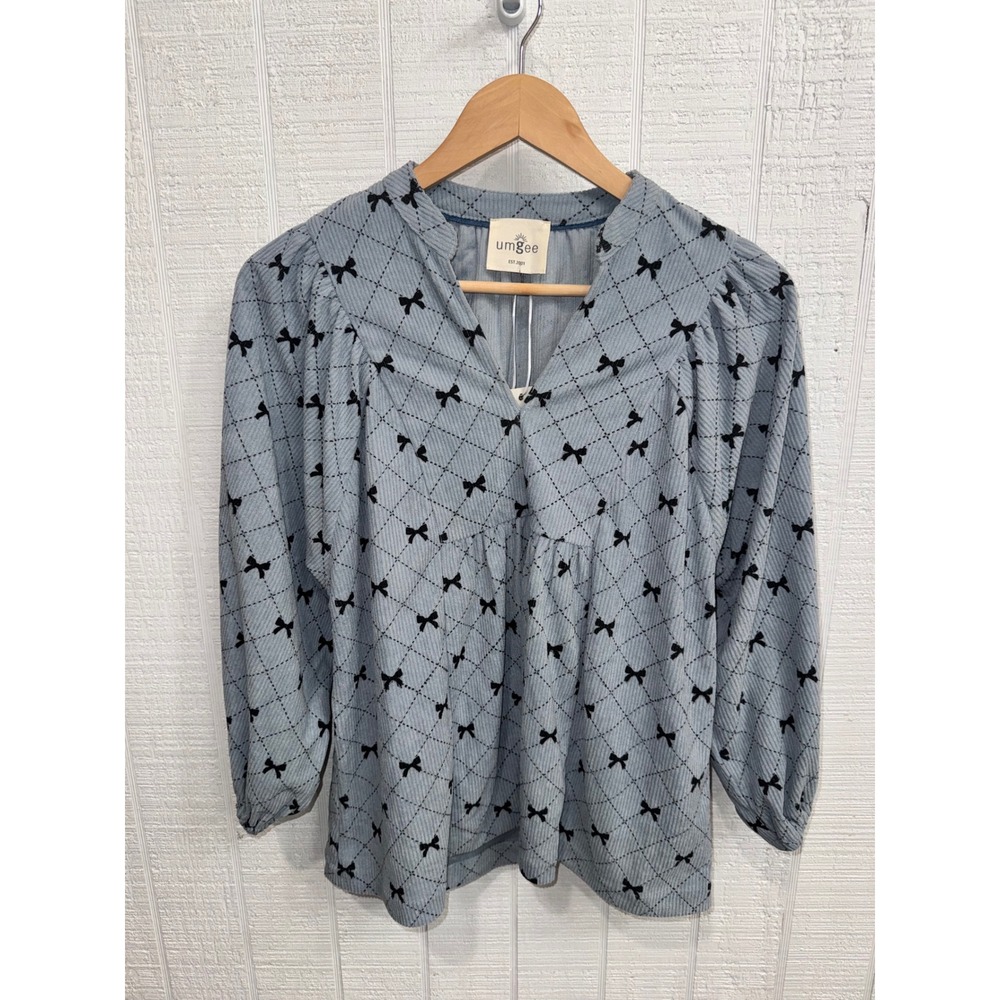 Umgee Blouse Women Blue Corduroy Bow Print Long Sleeve V-Neck Top NEW Size S